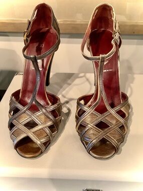 Prada Shoes Metallic Leather T-Strap Heels Size 38/ 7.5